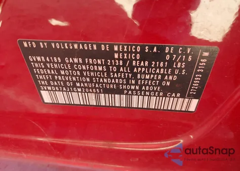 2016 Volkswagen Jetta 1.4T Se z USA, uszkodzony, nr VIN 3VWD67AJ1GM204651